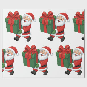 Happy Santa Claus with Big Holiday Gift Box Wrapping Paper