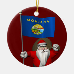 Happy Santa Claus With Ensign Of Montana Ceramic Ornament