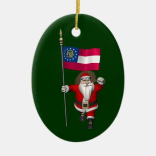 Happy Santa Claus With Flag Of Georgia Ceramic Tree Decoration