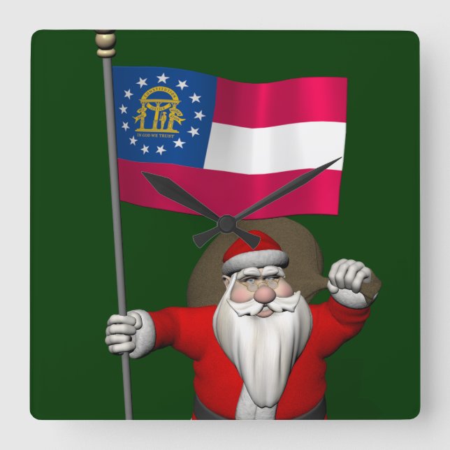 Happy Santa Claus With Flag Of Georgia Square Wall Clock (Front)