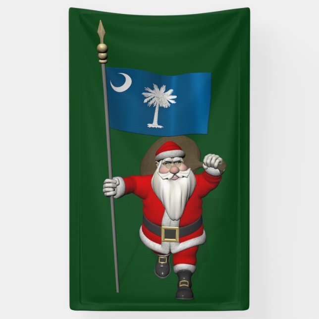 Happy Santa Claus With Flag Of South Carolina Banner (Vertical)