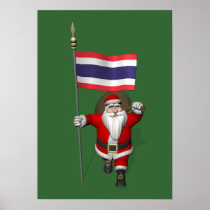 Happy Santa Claus With Flag Of Thailand Poster
