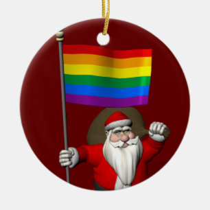 Happy Santa Claus With Gay Pride Rainbow Flag Ceramic Ornament