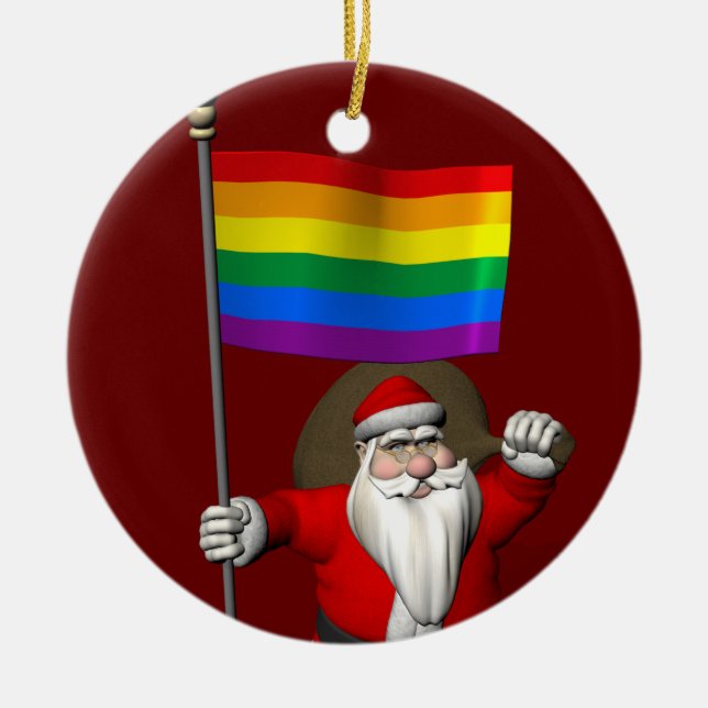 Happy Santa Claus With Gay Pride Rainbow Flag Ceramic Ornament (Front)