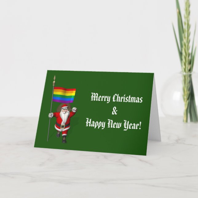 Happy Santa Claus With Rainbow Flag Holiday Card (Front)