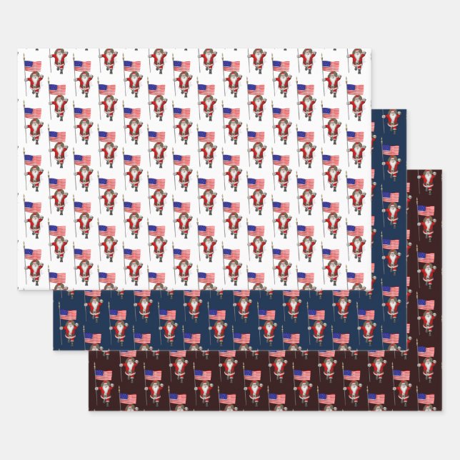 Happy Santa Claus With Star-Spangled Bannner Wrapping Paper Sheet (Set)