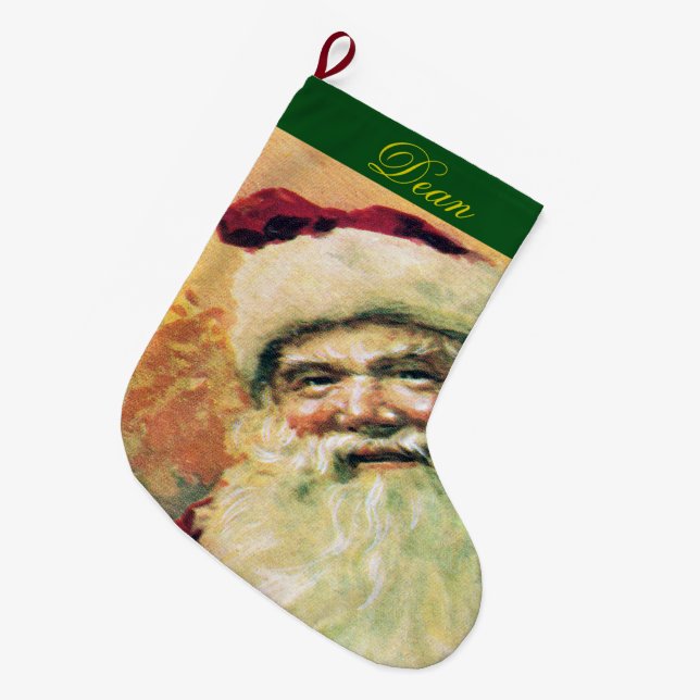 Happy Santa Merry Christmas Vintage Large Christmas Stocking (Front (Hanging))