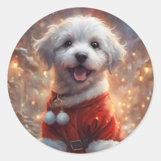 Happy Santa Puppy, Holiday Dog  Classic Round Sticker