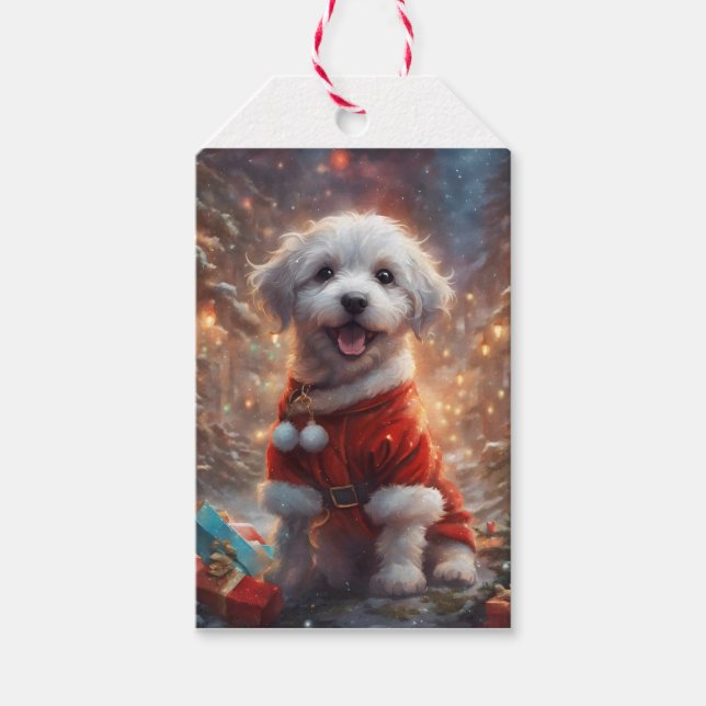 Happy Santa Puppy, Holiday Dog  Gift Tags (Front)