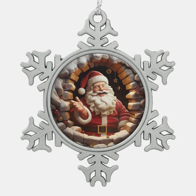 Happy Santa Snowflake Pewter Christmas Ornament (Front)