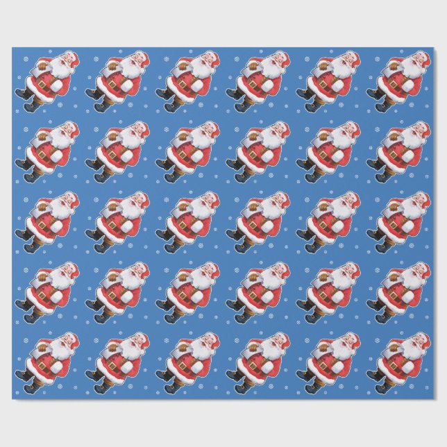 Happy Santa wrapping paper on blue (Flat)