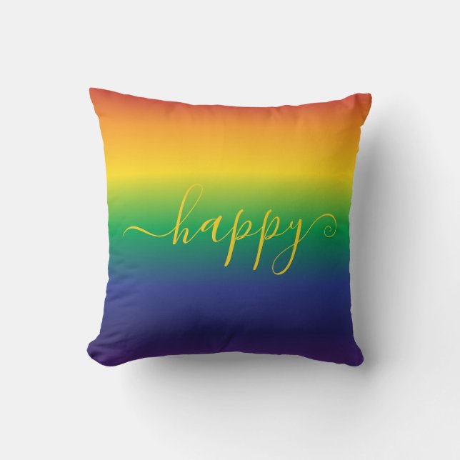 Happy Saying Rainbow Colourful Stripes Throw Pillo Cushion (Front)
