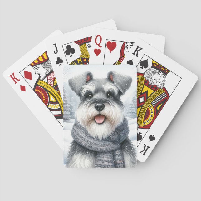 Happy Schnauzer in a Scarf Winter Art Playing Cards (Back)