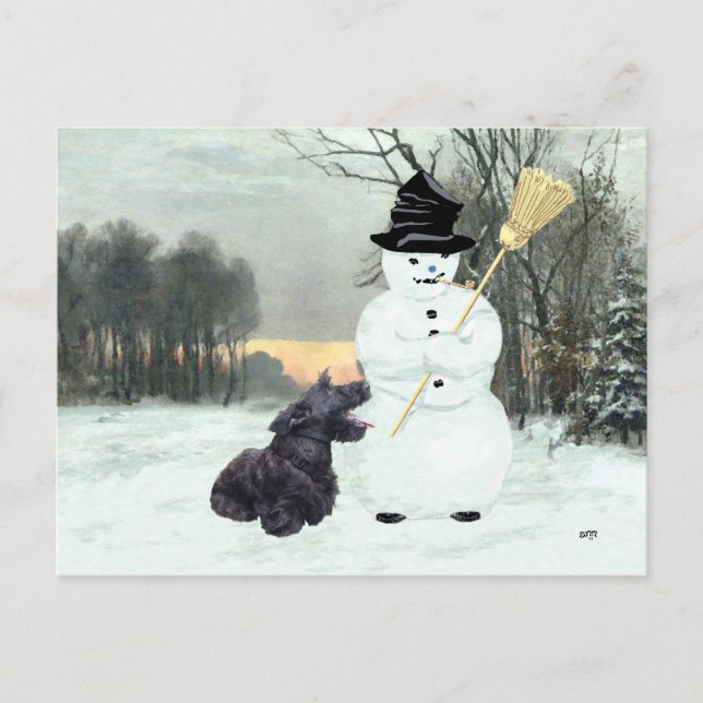 Happy Scottish Terrier & Snowman Postcard (Front)