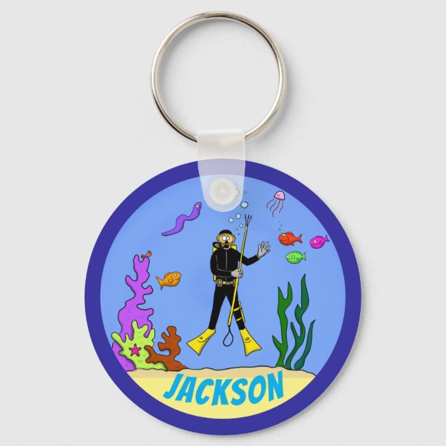 Happy scuba diver and fish cartoon keychain (Front)