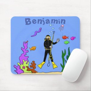 Happy scuba diver and fish cartoon mouse pad