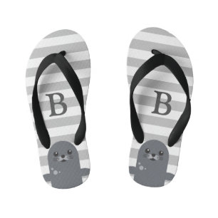Happy Seal and Grey Stripes Monogram Kid's Kid's Thongs