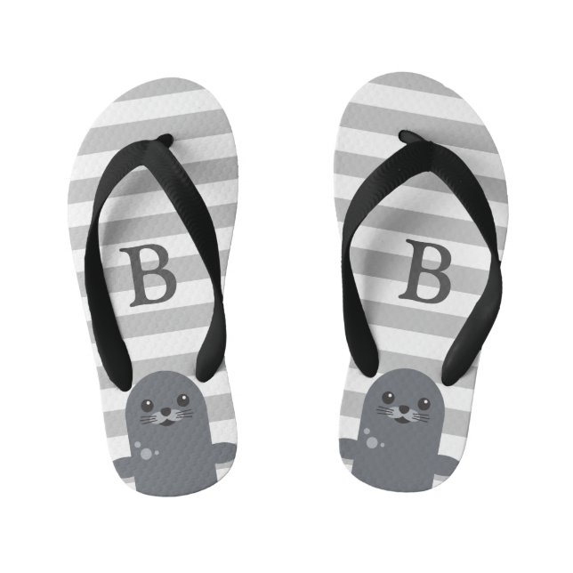 Happy Seal and Grey Stripes Monogram Kid's Thongs (Footbed)