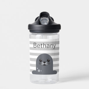 Happy Seal and Grey Stripes Personalised Water Bottle