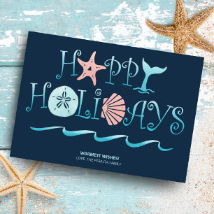 Happy Seashore   Beach Seashell Navy Christmas Holiday Card