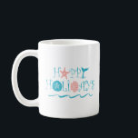 Happy Seashore Beach Seashell Typography Christmas Coffee Mug<br><div class="desc">Beach theme Christmas coffee or cocoa mug features a nautical "Happy Holidays" seashell,  whale tail and ocean waves typography design in tropical turquoise and coral. Original artwork KL Stock.</div>