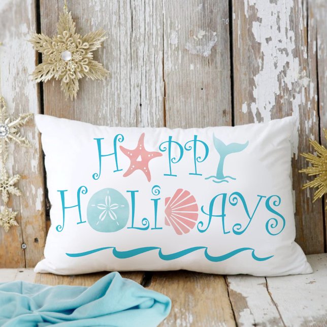Happy Seashore Beach Seashell Typography Christmas Decorative Cushion (Creator Uploaded)