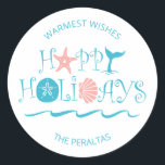 Happy Seashore | Beach Seashells Christmas Classic Round Sticker<br><div class="desc">Tropical beach theme Christmas envelope seals (or gift stickers) feature whimsical "Happy Holidays" seashell,  whale tail and ocean waves typography in white,  turquoise and coral. Perfect way to add some coastal style to your holiday cards or gifts. Original artwork KL Stock.</div>