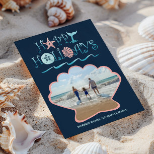 Happy Seashore   Navy Beach Seashell Photo Holiday Card