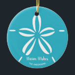 Happy Seashore | Tropical Beach Seashell Christmas Ceramic Ornament<br><div class="desc">Beach theme Christmas ornament features a tropical turquoise blue and white sand dollar seashell with a festive "Warm Wishes" holiday greeting. You can personalise both lines of text for a unique holiday gift or for your own tree. Perfect for beach lovers and tropical, nautical and coastal holiday decor themes. Original...</div>