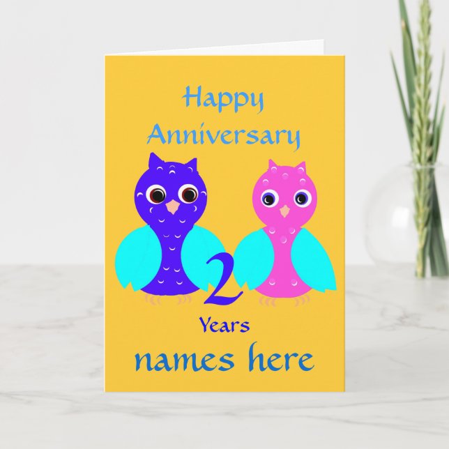 Happy Second Anniversary Cute Owl Couple Customise Card (Front)
