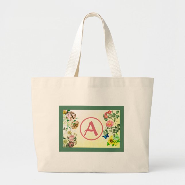 HAPPY SEED CUSTOM INITIAL TOTE VINTAGE FLOWERS (Front)