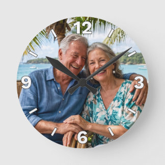Happy Senior Couple Beach Vacation Decor Round Clock