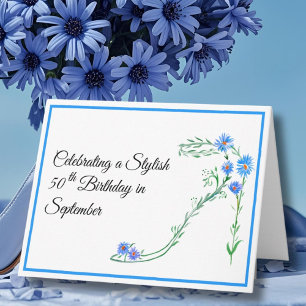 Happy September 50th Birthday Blue Aster Flowers Card