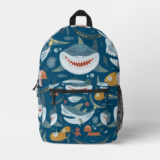 Happy Shark Blue Kids Printed Backpack (Front)