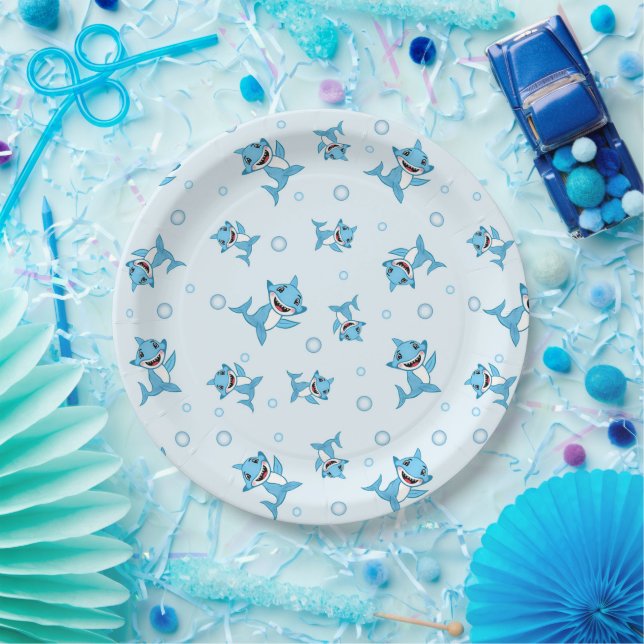 Happy Shark Family patterned Blue Paper Plate (Party)