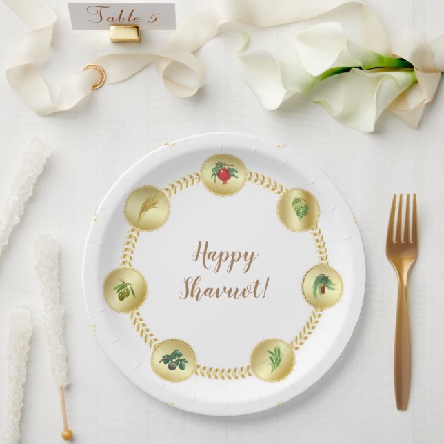Happy SHAVUOT decorative ornament seven species Di Paper Plate (Wedding)