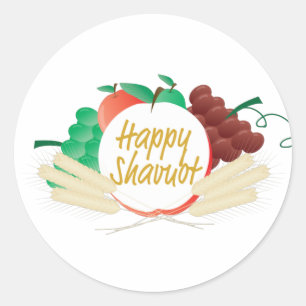 Happy Shavuot - Text, fruits and wheat Classic Round Sticker