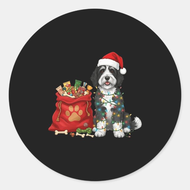 Happy Sheepadoodle Christmas Lights Dog Mom Sheepa Classic Round Sticker (Front)
