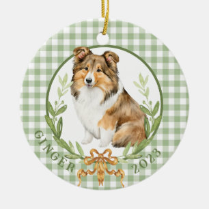 Happy Sheltie in Laurel Wreath  Ceramic Ornament