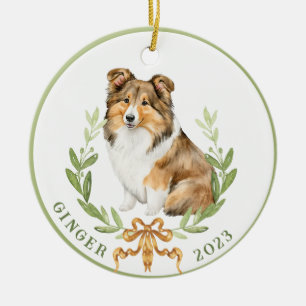 Happy Sheltie in Laurel Wreath  Ceramic Ornament