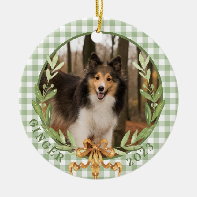 Happy Sheltie in Laurel Wreath Photo Ceramic Ornament (Front)