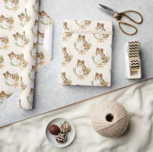 Happy Sheltie Laurel Branch Wreath Wrapping Paper