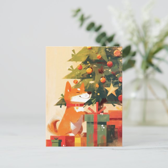 Happy Shiba Inu beside Christmas Tree and Gifts Holiday Postcard (Standing Front)