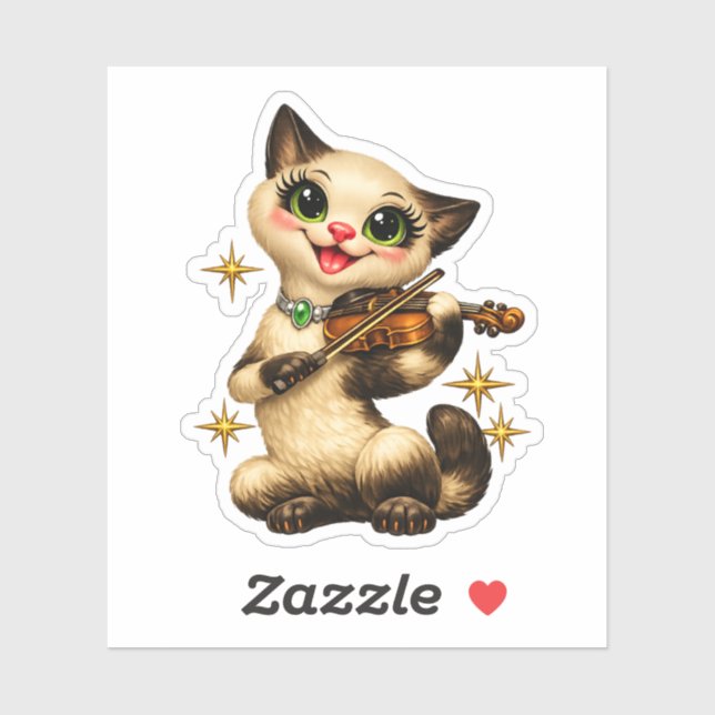 Happy Siamese Cat Playing Violin Retro Mid Century (Sheet)