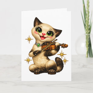 Happy Siamese Cat Playing Violin Retro Mid Century Card