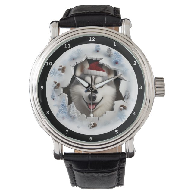 Happy Siberian Husky Puppy Winter Holiday Image Watch (Front)
