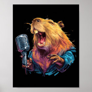 Happy Singing Capybara with Mic for Karaoke Lovers Poster