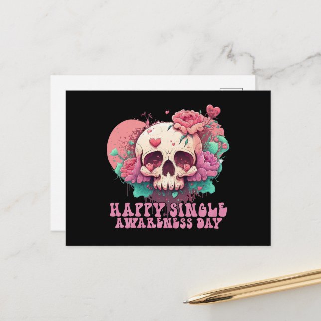 Happy Single Awareness Day Valentines Skull Postcard (Front/Back In Situ)
