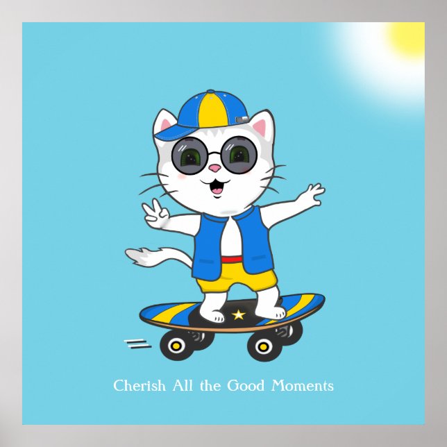 Happy Skater Cat Dressed in Blue and Yellow. Poster (Front)