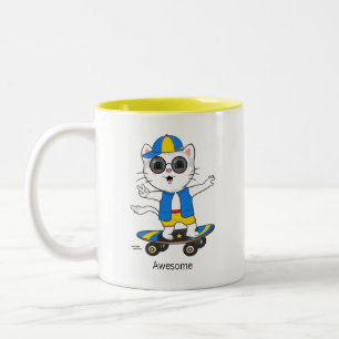 Happy Skater Cat Dressed in Blue & Yellow Two-Tone Coffee Mug